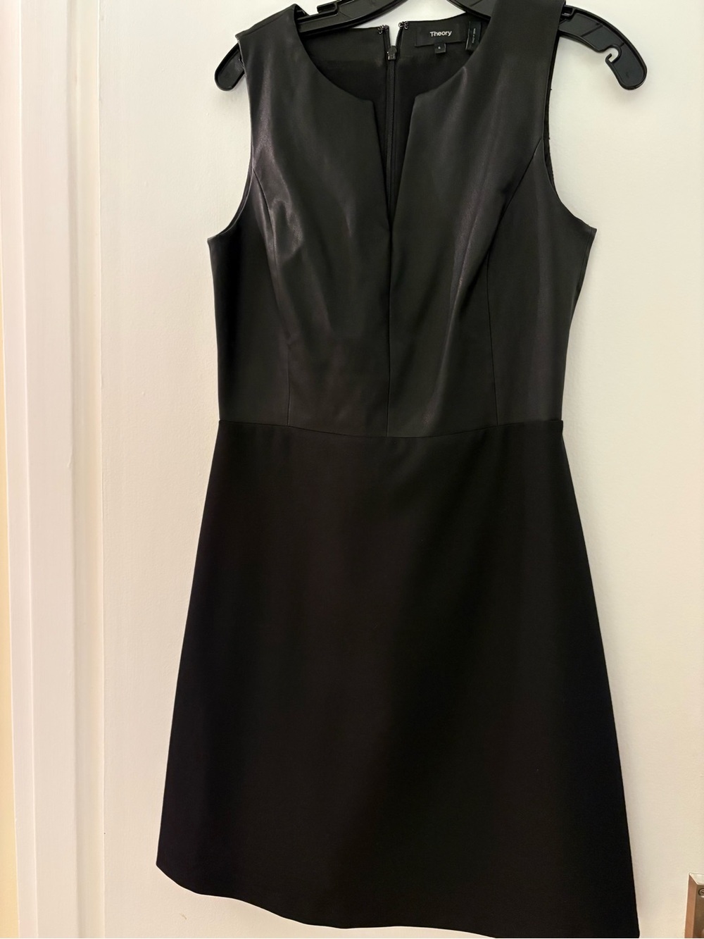 Theory Black Sleeveless Sheath Dress with Leather Top To Wool Bottom